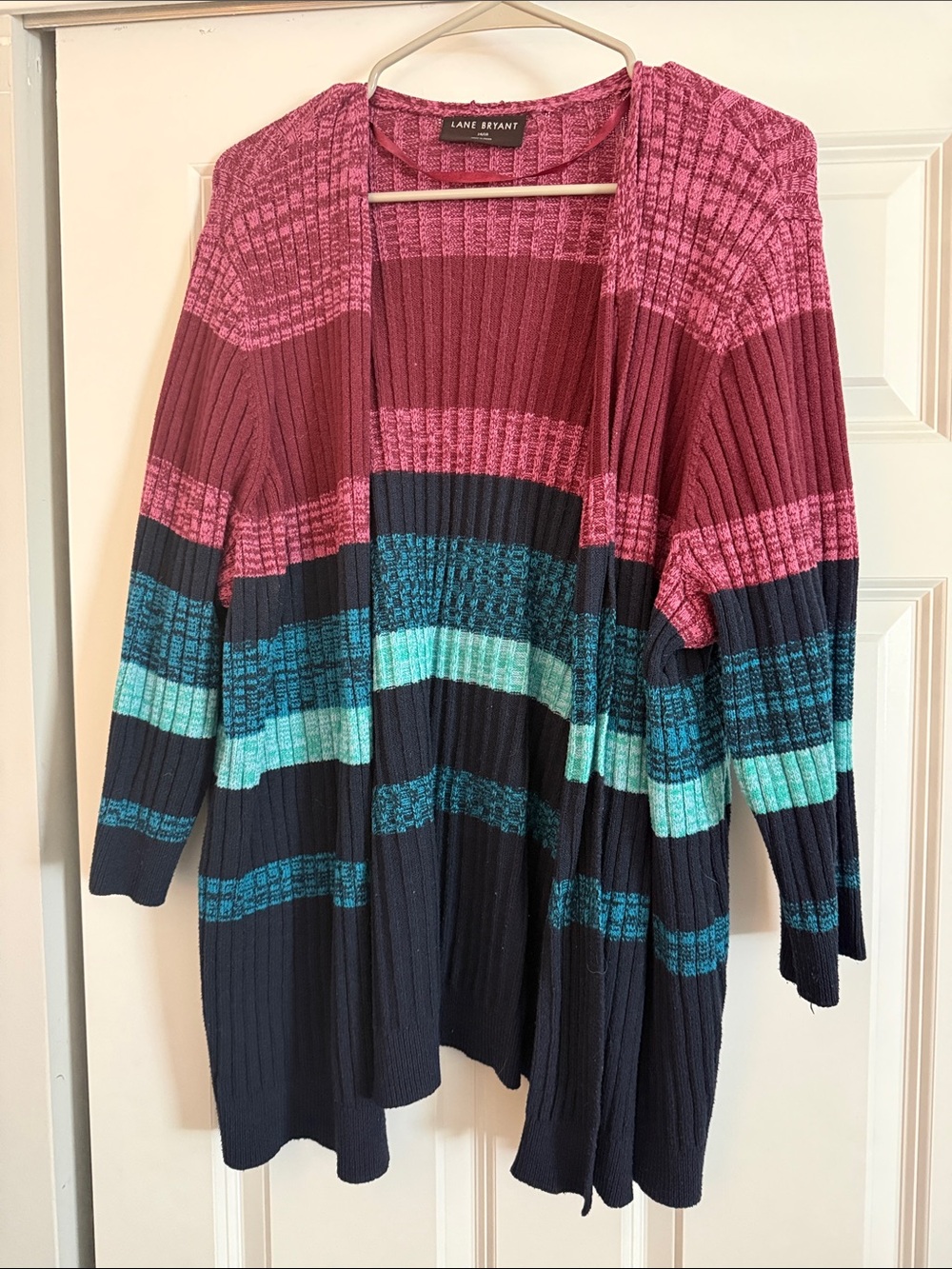 Lane Bryant Pink, Teal & Navy Open-Front Ribbed Cardigan